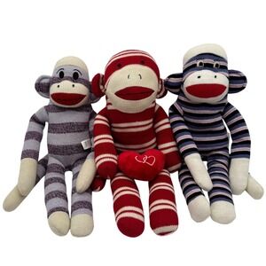 Sock Monkey Plush Bundle of 3 Striped Heart Valentine Set Multicolor Stuffed